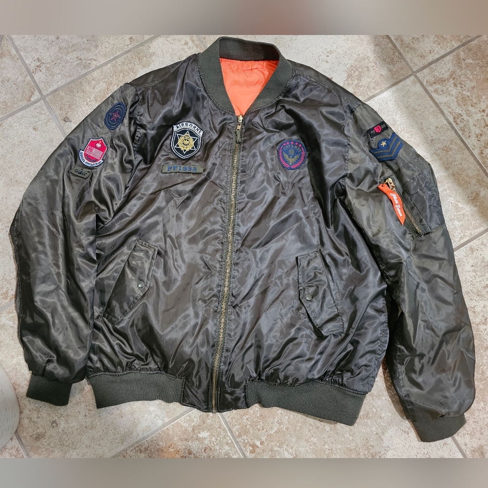 Phat Farm Mens 5XL Military Bomber Jacket Green Nylon Orange Liner Streetwear - Picture 7 of 7